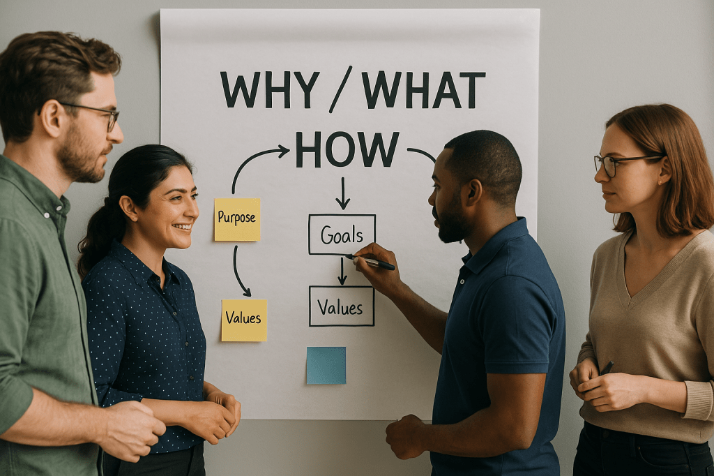 Team mapping out ownership culture framework with clarity on purpose, goals, and values.