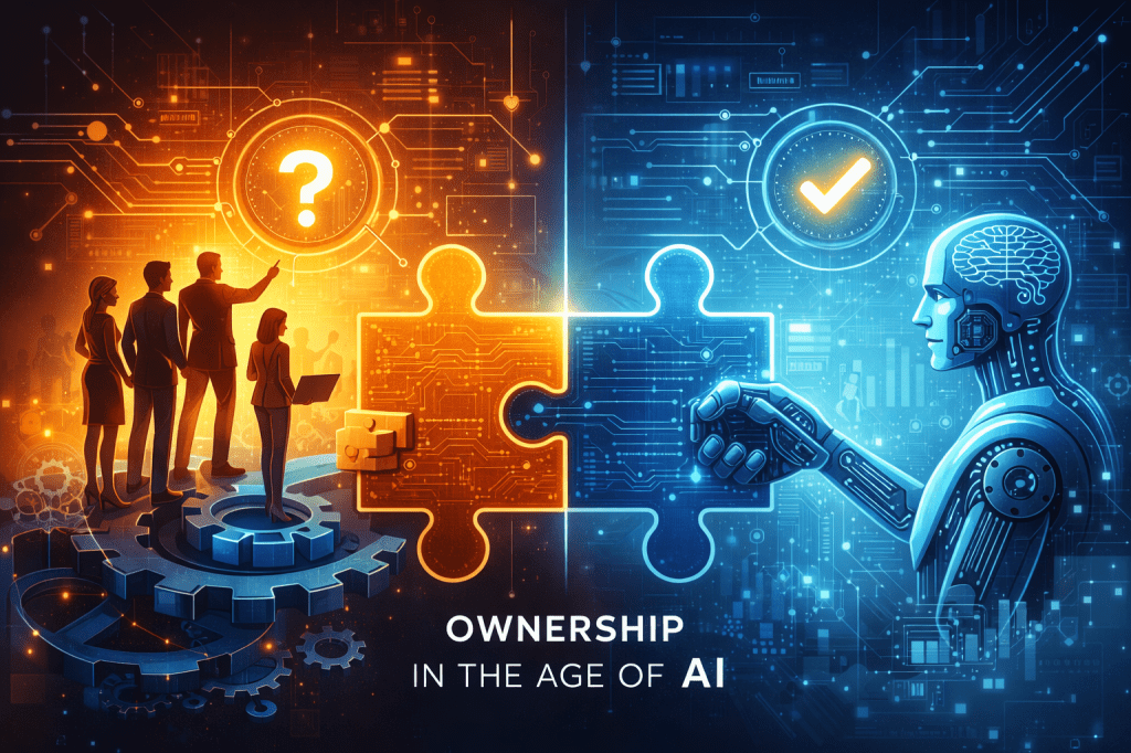 Graphic of people and automations solving a puzzle together