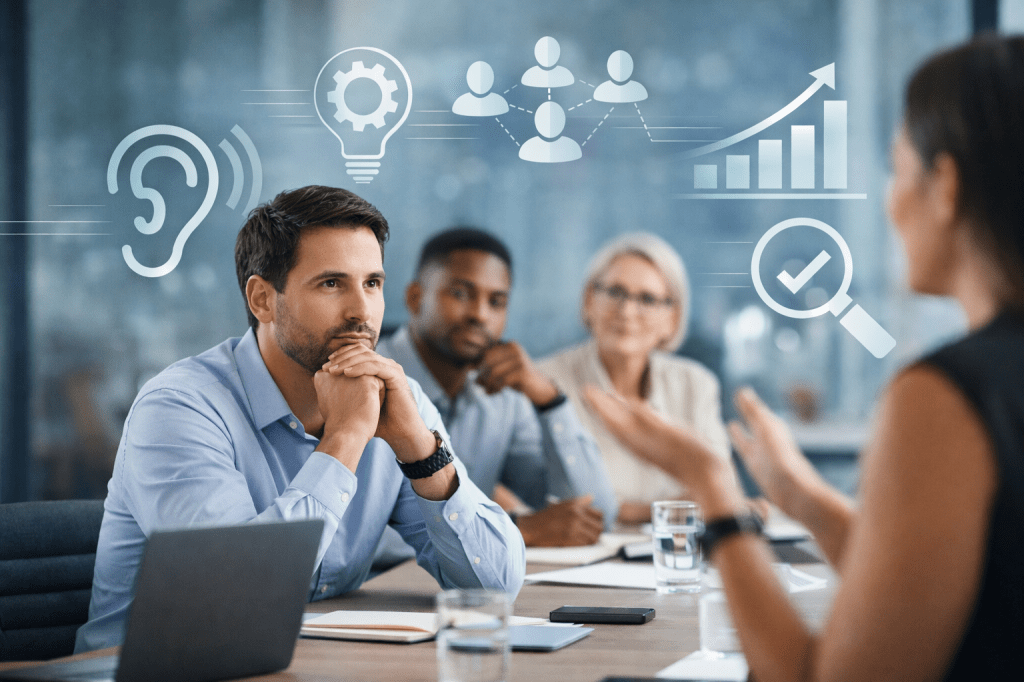 People in a meeting actively listening to a speaker