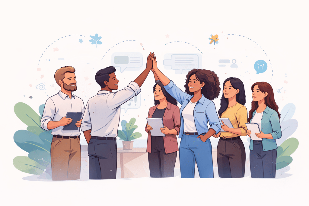 People in a meeting, standing up and high-fiving each other